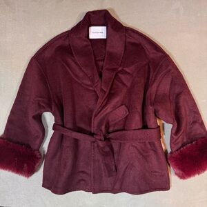 NWT KATCH ME Women’s Burgundy Wool Blend Belted Coat Faux Fur Cuffs Size 2X/3X